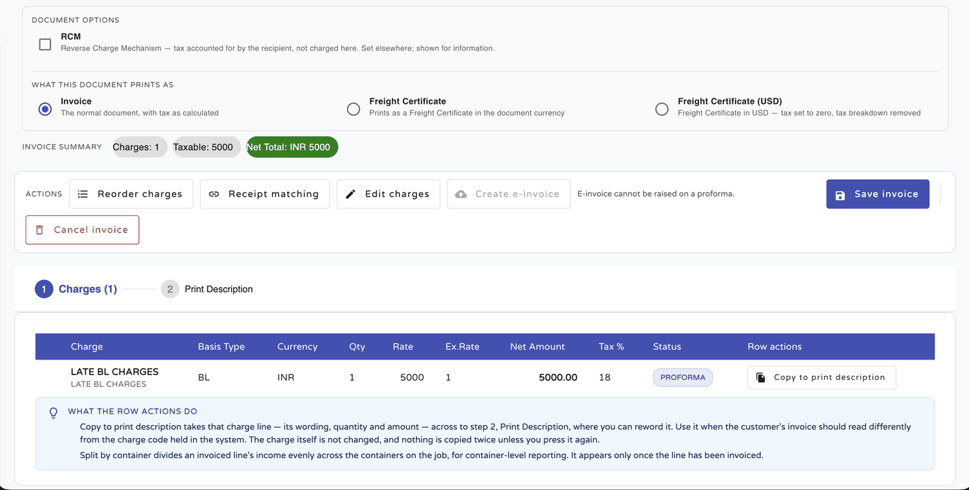 BlueLogis AX invoice screen with document options for reverse charge (RCM), print as invoice or freight certificate in local currency or USD, invoice summary with taxable and net total, and charge lines with tax percentage