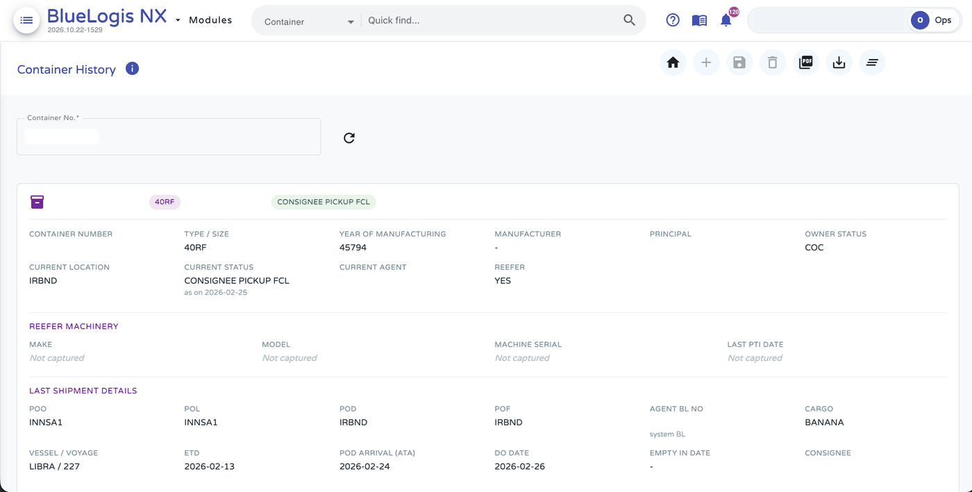 BlueLogis NX container history screen showing container type and size, owner status (SOC/COC), current location and status, reefer details and last shipment details: POL, POD, vessel and voyage, ETD, arrival and DO date